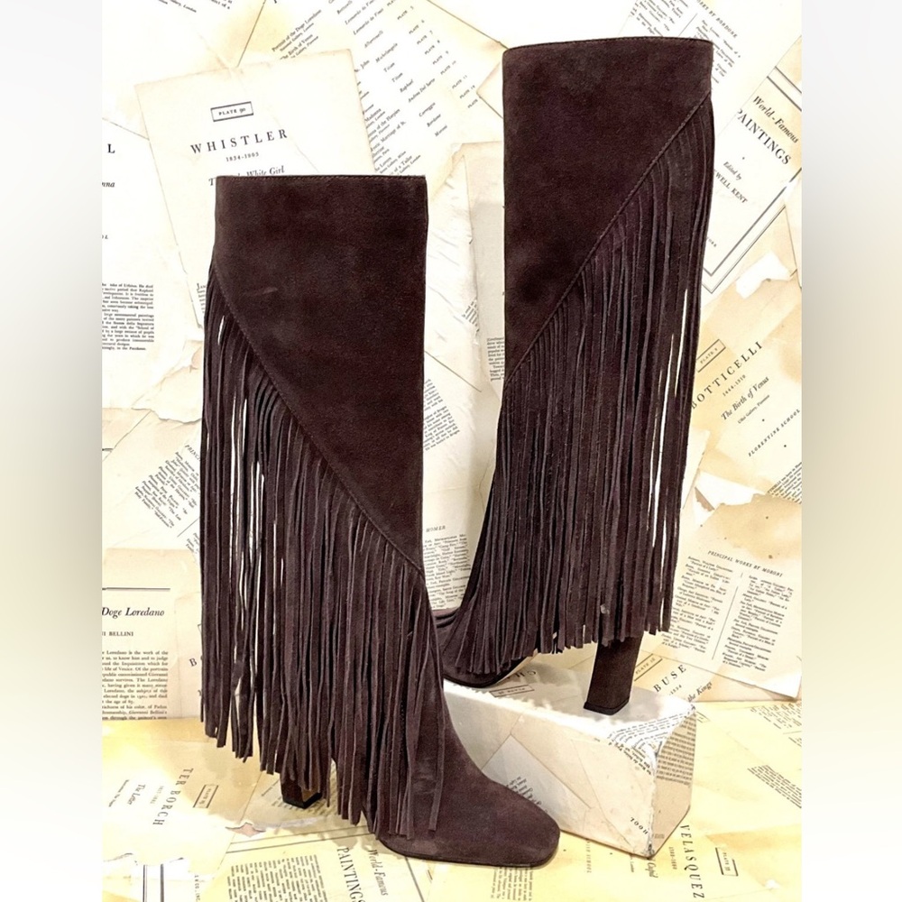 Anthropologie Dolce Vita Giano Suede Fringe Tall Boots Mahogany Brown - Picture 2 of 8